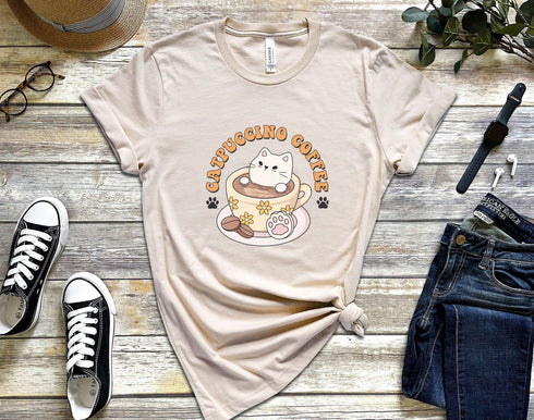 Catpuccino Coffee Cat T-shirt, Touch My Coffee T-shirt, Whimsical Kitten Graphic, Tees For Cat Lovers, Cat Lover Shirt